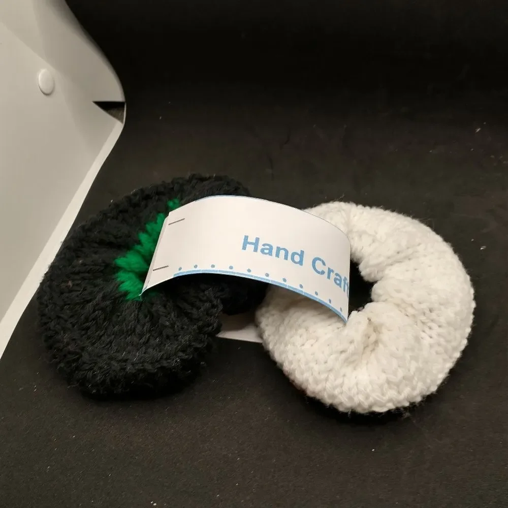 Hand Crafted Knit Scrunchies Black White Jumbo Hair Band Set of 2